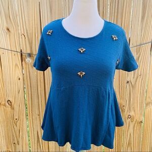Lauren Conrad blue classy work party shorty sleeve bees gold top / blouse